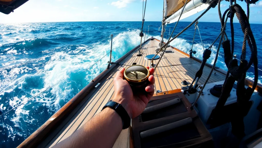 Uso de una brújula en alta mar para definir el rumbo.