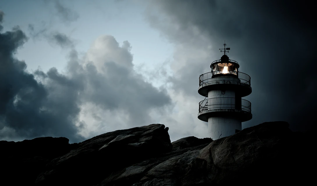 Faro iluminado en la oscuridad como guía en la tormenta.